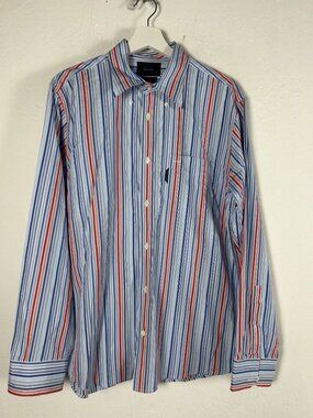 Faconnable Trend Mens Striped Button-Down Shirt Large Cotton Red/Blue Classic